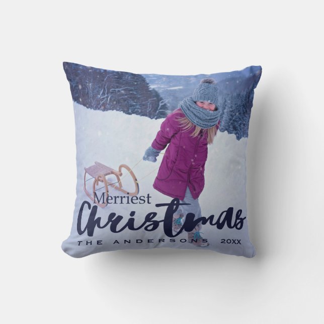 Modern Merriest Christmas Script Holiday Photo Cushion (Front)