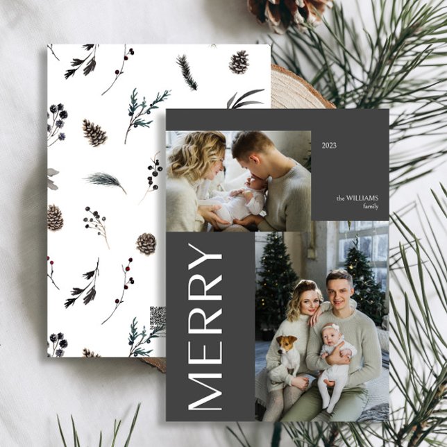 Modern Merry 2 Photo Black Winter Watercolor  Holiday Card (Personalize this Holiday Card easily with your name and photo!)