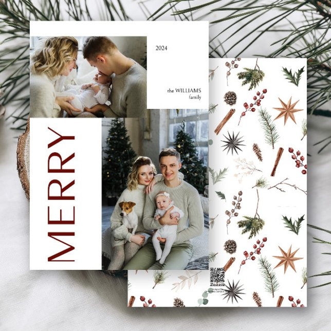Modern Merry 2 Photo Botanical Watercolor Holiday Card (Creator Uploaded)