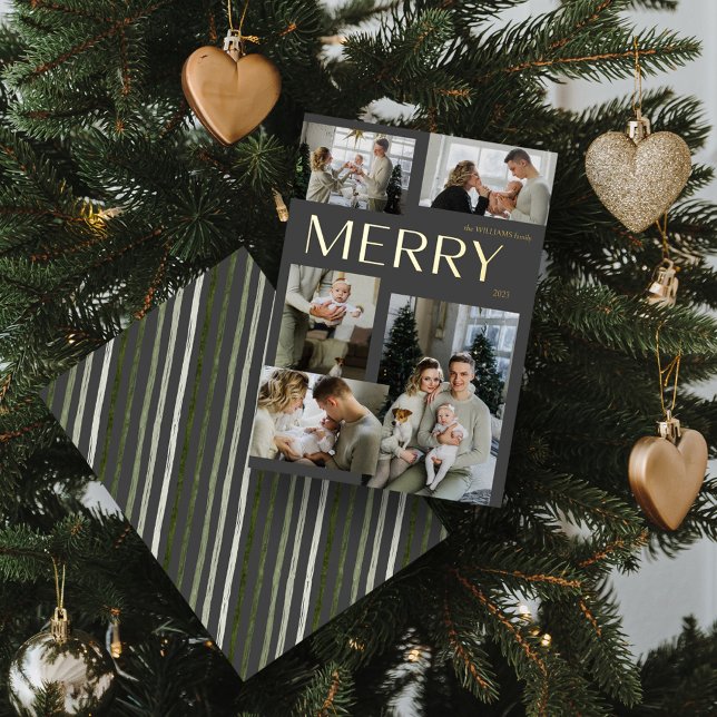 Modern Merry 5 Photo Collage Grey Christmas Gold Foil Holiday Card (Shine Bright! 'MERRY' Gold Foil Holiday Card 🌟🎄 [Add Your Photo])