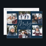 Modern merry 6 photo Christmas collage navy blue Holiday Postcard<br><div class="desc">A college of 6 photos is collected around a modern merry script in the centre and a custom message in this navy blue and white holiday photo card. This simple Christmas card design is trend forward and the perfect way to share a year of highlights with friends and family. The...</div>