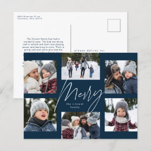 Modern merry 6 photo Christmas collage navy blue Holiday Postcard