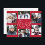 Modern merry 6 photo Christmas collage red Holiday Postcard<br><div class="desc">A college of 6 photos is collected around a modern merry script in the centre and a custom message in this red and white holiday photo card. This simple Christmas card design is trend forward and the perfect way to share a year of highlights with friends and family. The back...</div>