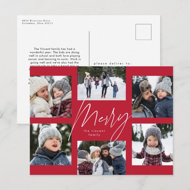Modern merry 6 photo Christmas collage red Holiday Postcard (Front/Back)