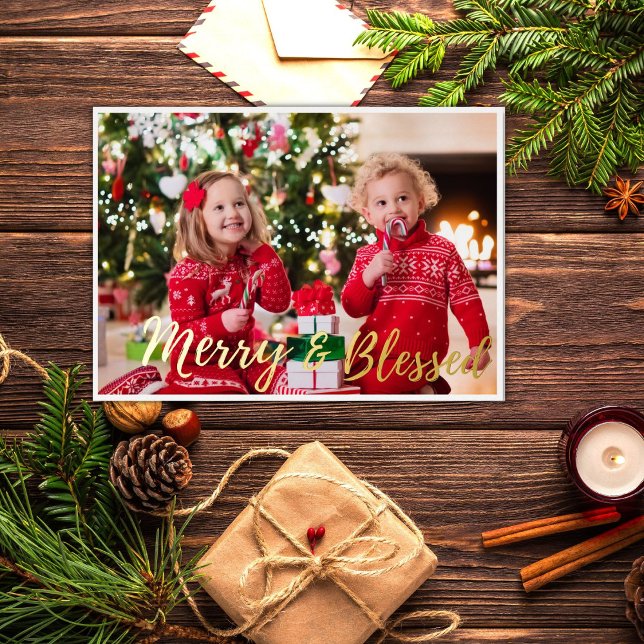 Modern Merry and Blessed Red and Black Plaid Foil Holiday Card (Creator Uploaded)