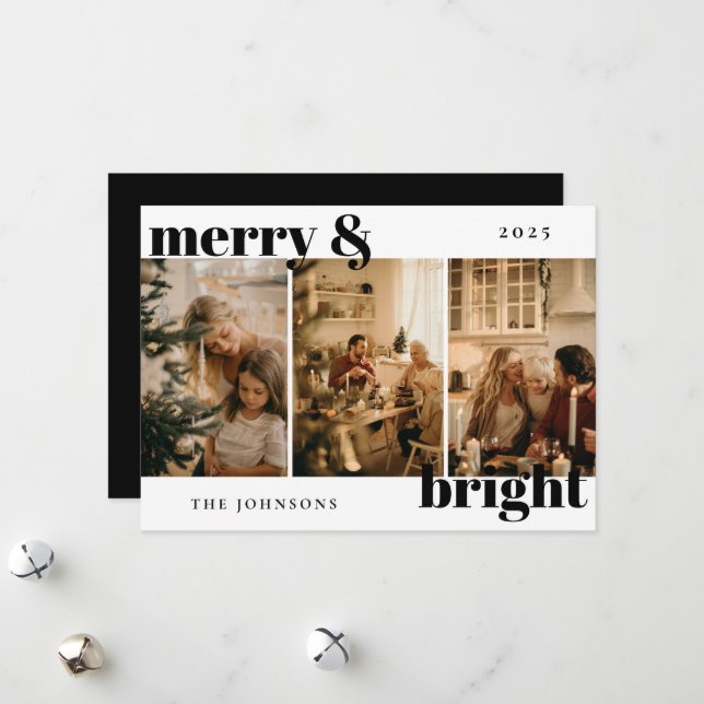 Modern Merry and Bright 3 Photo Holiday Card (Front/Back In Situ)
