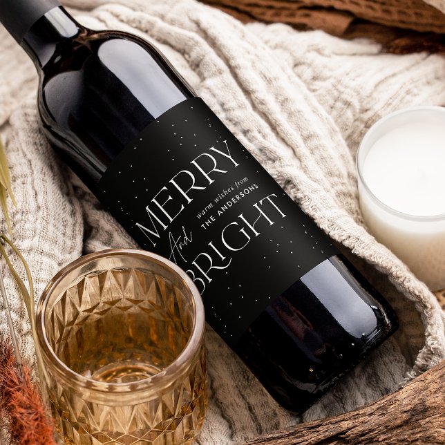 Modern Merry and Bright Black Holiday Wine Label (Creator Uploaded)