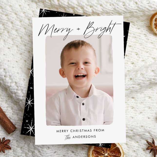 Modern Merry and Bright Black Script Photo Holiday Card (Creator Uploaded)