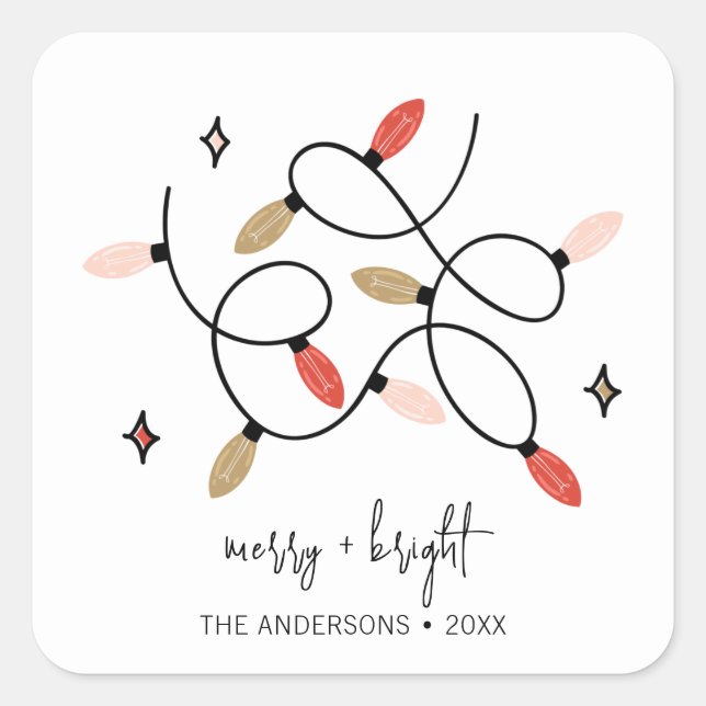 Modern Merry and Bright Christmas Lights Holiday Square Sticker (Front)