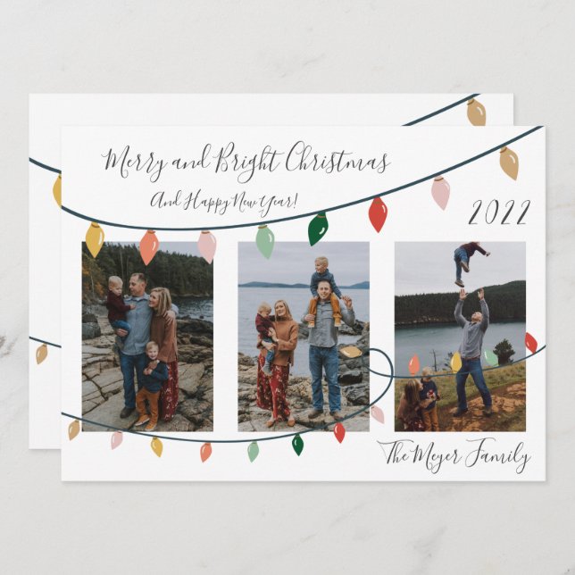 Modern Merry and Bright Christmas Lights Photo Holiday Card (Front/Back)