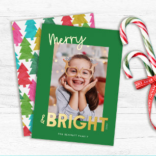 Modern Merry and Bright Christmas Photo Foil Holiday Card