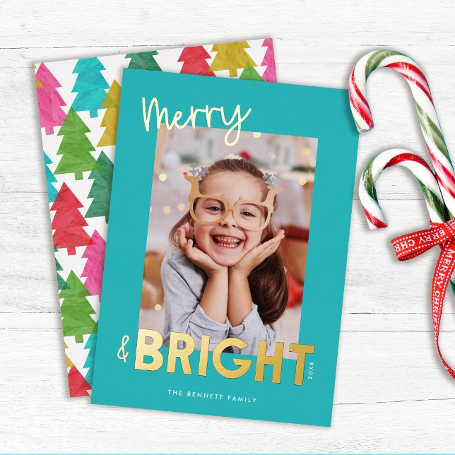 Modern Merry and Bright Christmas Photo  Foil Holiday Card (Creator Uploaded)