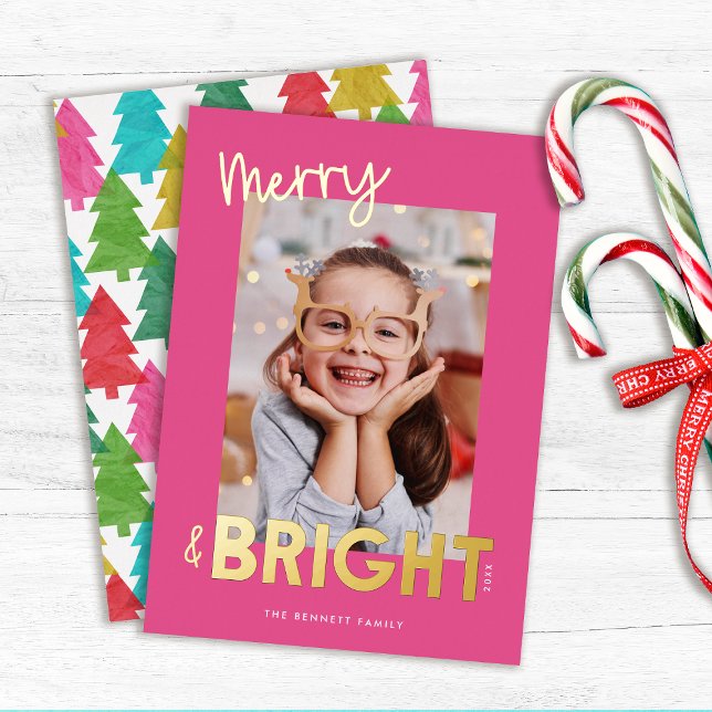 Modern Merry and Bright Christmas Photo  Foil Holiday Card (Creator Uploaded)