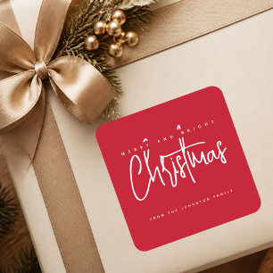 Modern Merry and Bright Christmas simple script Square Sticker