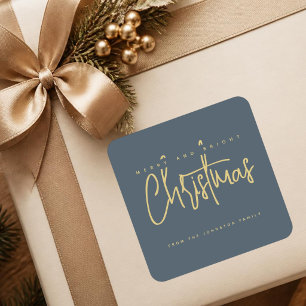Modern Merry and Bright Christmas simple script Square Sticker