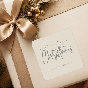 Modern Merry and Bright Christmas simple script Square Sticker