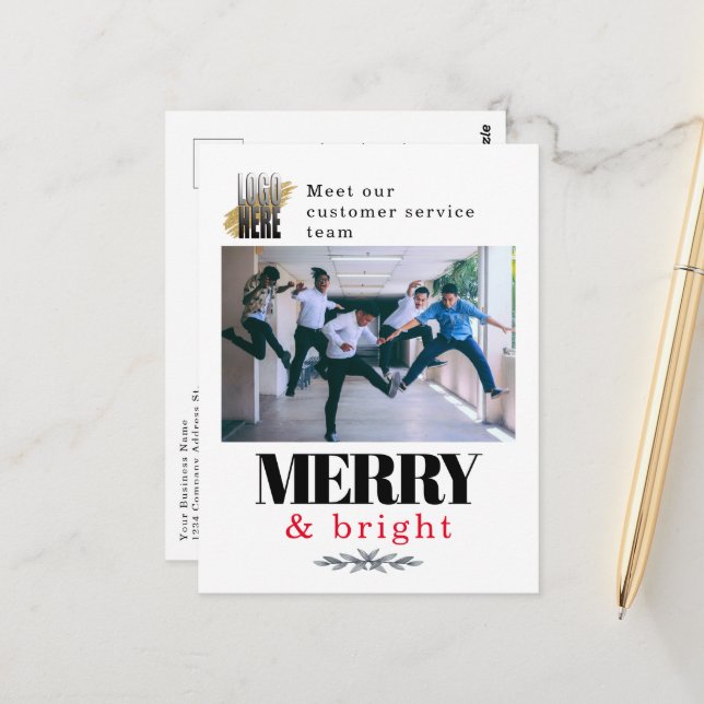 Modern Merry and Bright Company Photo Christmas  Postcard (Front/Back In Situ)