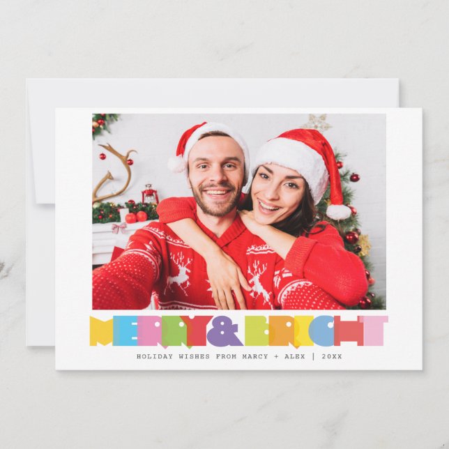 Modern Merry And Bright Couples Photo Christmas Holiday Card (Front)