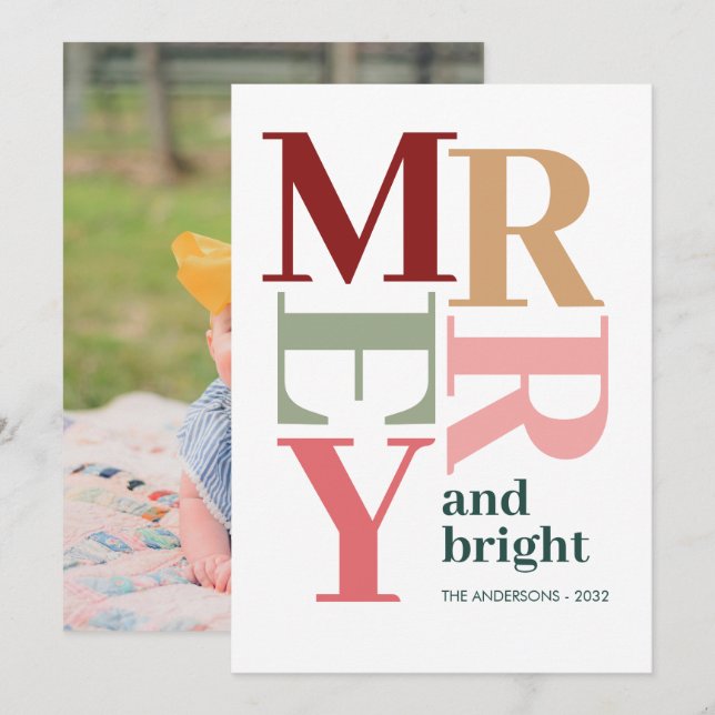 Modern Merry and Bright Custom Photo Christmas  Holiday Card (Front/Back)