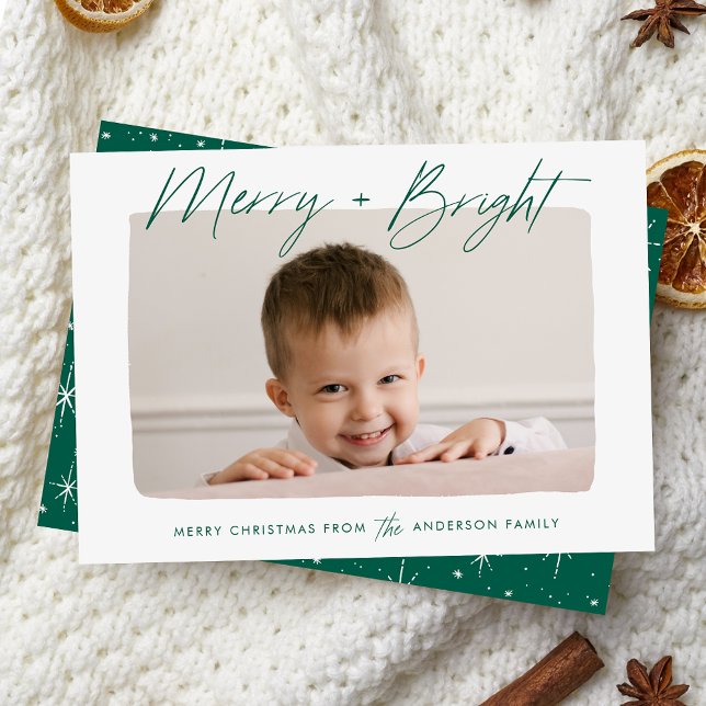 Modern Merry and Bright Green Script Photo Holiday Card (Creator Uploaded)