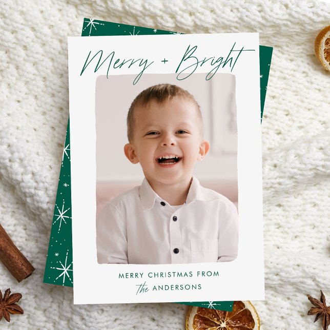 Modern Merry and Bright Green Script Photo Holiday Card (Creator Uploaded)