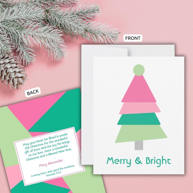 Modern Merry and Bright Minimalist Pink Green Tree Holiday Card (Creator Uploaded)