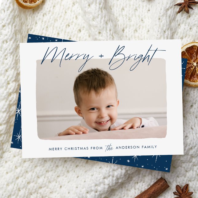 Modern Merry and Bright Navy Script Photo Holiday Card (Creator Uploaded)