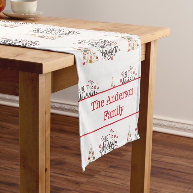 Modern Merry and Bright Pattern Christmas Name  Short Table Runner (In Situ)