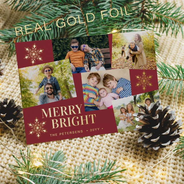 Modern Merry and Bright photo Christmas red gold  Foil Holiday Card (Creator Uploaded)