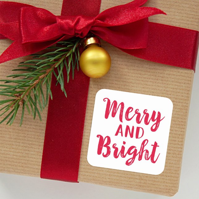 Modern Merry and Bright Red Brush Script Square Sticker (Creator Uploaded)