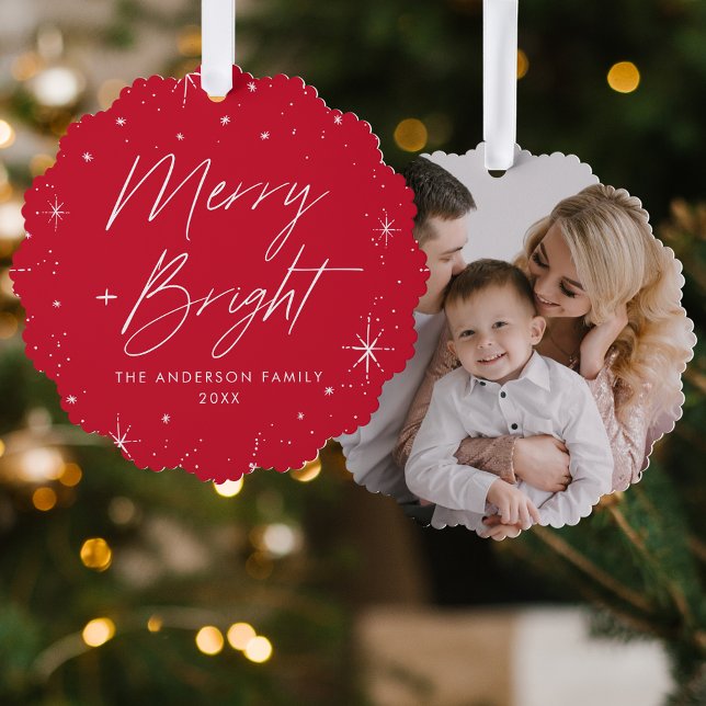Modern Merry and Bright Red Holiday Photo Tree Decoration Card (Creator Uploaded)