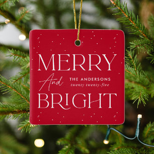 Modern Merry and Bright Red Photo Ceramic Ornament
