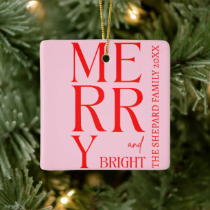 Modern Merry and Bright Red Pink Christmas Ceramic Ornament