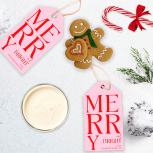 Modern Merry and Bright Red Pink Christmas Gift Tags