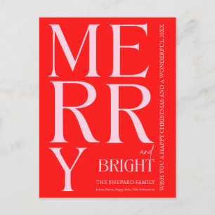 Modern Merry and Bright Red Pink Christmas  Holiday Postcard