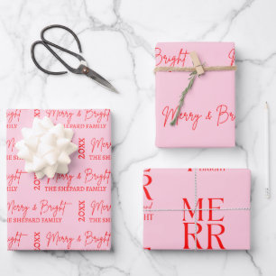 Modern Merry and Bright Red Pink Christmas  Wrapping Paper Sheet