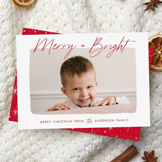 Modern Merry and Bright Red Script Photo Holiday Card (Creator Uploaded)