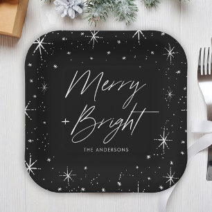 Modern Merry and Bright Script Black Holiday Paper Plate
