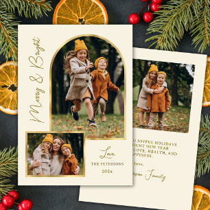 Modern Merry and Bright Script Gold Arch 3 Photo  Holiday Card