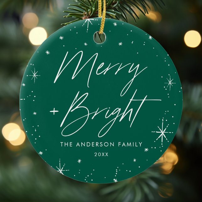 Modern Merry and Bright Script Green Photo Ceramic Ornament (Creator Uploaded)