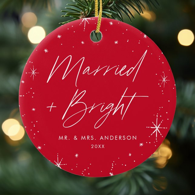 Modern Merry and Bright Script Red Photo Ceramic Ornament (Creator Uploaded)