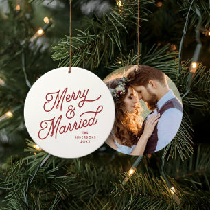 Modern Merry and Married Photo Bold Script   Red Ceramic Ornament