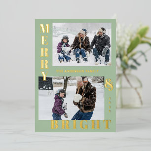 Modern Merry & Bright 2 Photo Sage Elegant Foil Holiday Card