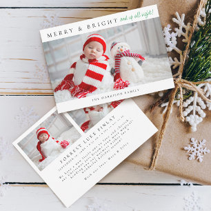Modern Merry & Bright Birth Stats Photos Holiday Card