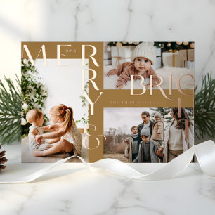 Modern Merry Bright Bold Typography 3 Photo Golden Foil Holiday Card