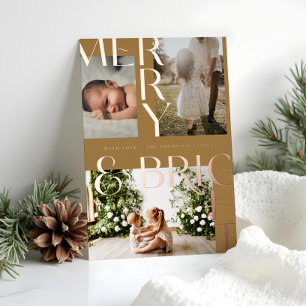 Modern Merry Bright Bold Typography 3 Photo Golden Foil Holiday Card