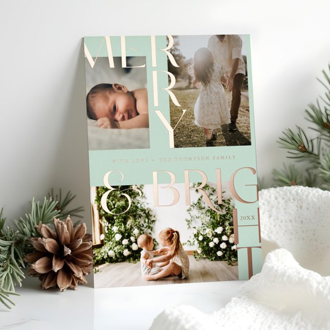 Modern Merry & Bright Bold Typography 3 Photo Mint Foil Holiday Card (Modern Merry & Bright Bold Typography 3 Photo Mint Foil Holiday Card)