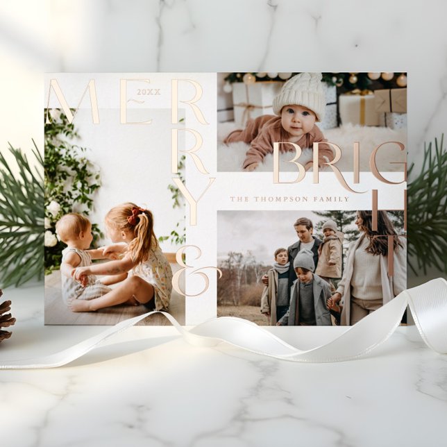 Modern Merry Bright Bold Typography 3 Photo White Foil Holiday Card (Modern Merry Bright Bold Typography 3 Photo White Foil Holiday Card)