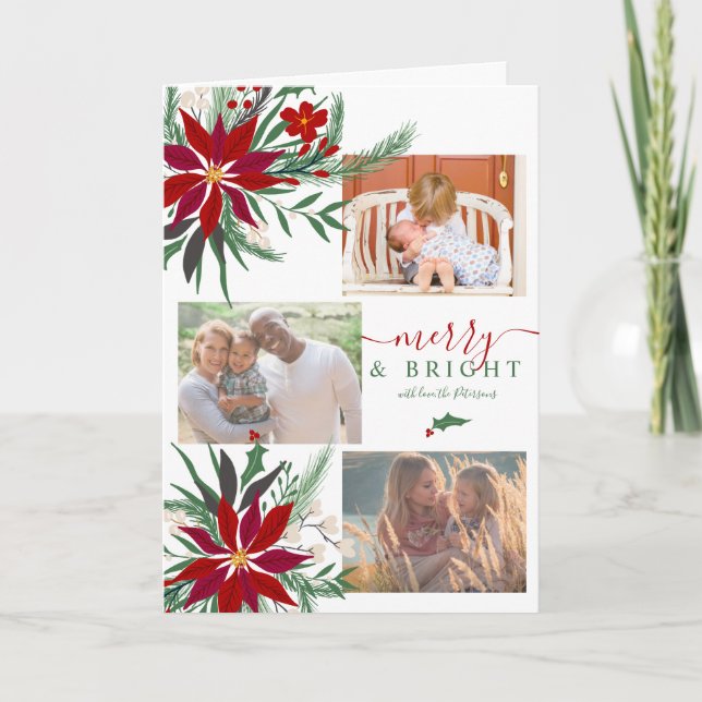 Modern merry Bright Christmas floral 4 photos Holiday Card (Front)