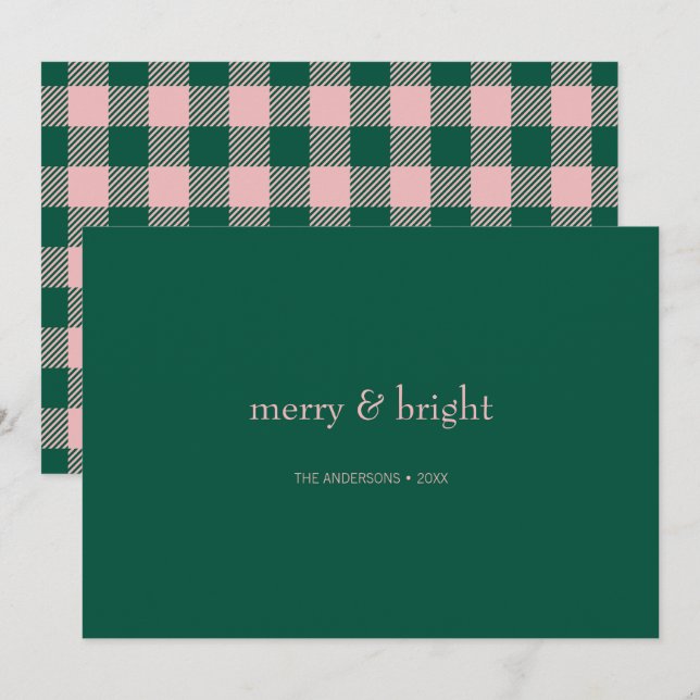 Modern Merry & Bright Christmas Green & Pink  Holiday Card (Front/Back)